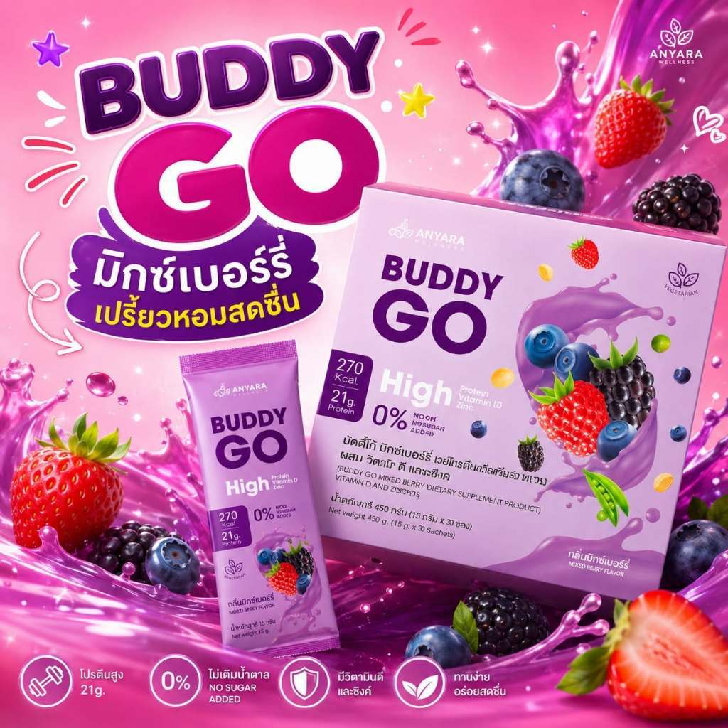 โปรตีนจากพืช BUDDY GO MIXED BERRY บัดดี้โก มิกซ์เบอร์รี่ (ผลิตภัณฑ์เสริมอาหาร)