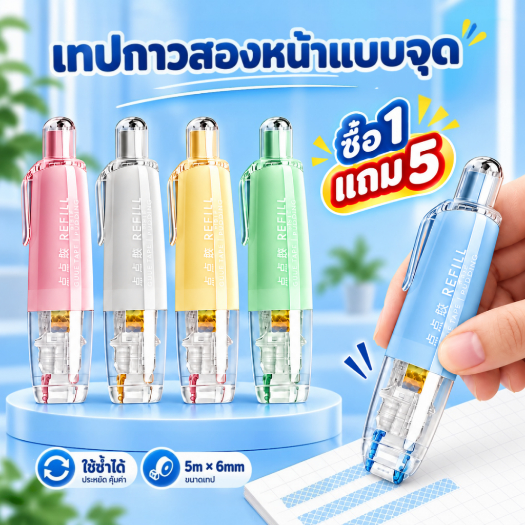 กาว2หน้า เทปกาวสองด้าน ทปกาวสองหน้า กดจุดกาว Pen สองด้าน ลูกกลิ้งกาว ดันได้& รีฟิล เทปนาโน