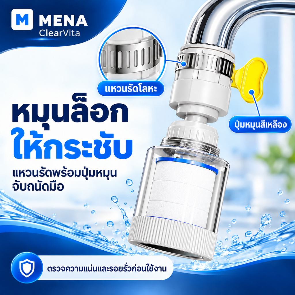 หัวก๊อกกรองน้ำ หัวต่อก๊อกน้ำ แบบใสเห็นไส้กรอง หมุน 360 องศา กรอง 6 ชั้น ตัวต่อครบชุด กันน้ำกระเด็น