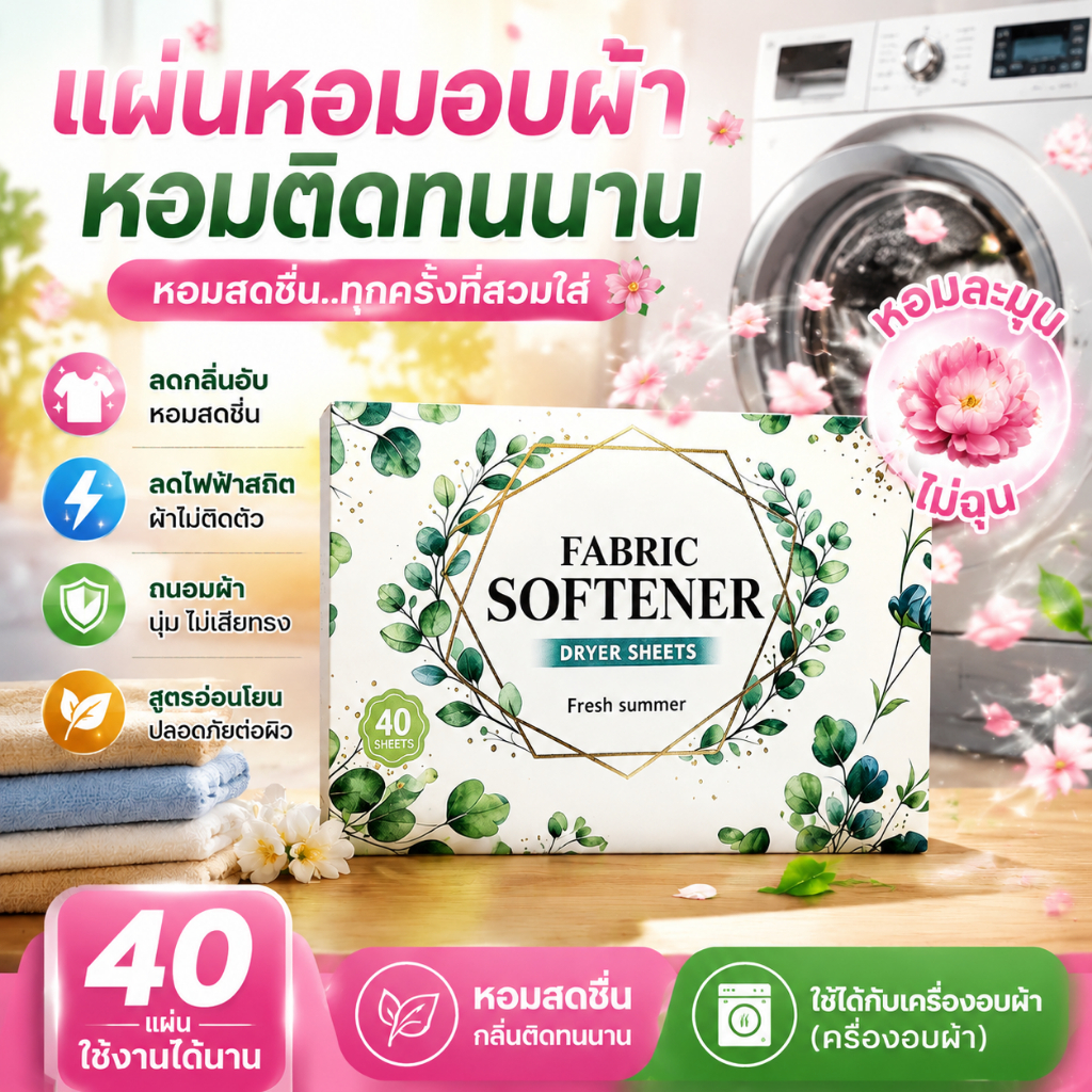 แผ่นอบผ้า ลดรอยยับ แผ่นอบปรับผ้านุ่ม อบผ้าหอมชื่นใจ แผ่นอบผ้าหอม แก้ไขผ้ากลิ่นอับชื่นดี สำหรับเครื่องอบผ้า ทุกชนิด