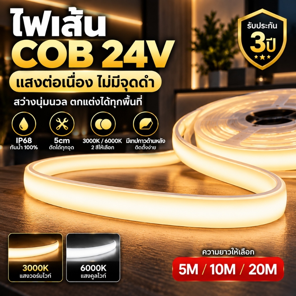 ไฟเส้น COB 24V กันน้ำ IP68 แสงต่อเนื่อง 3000K/6000K ตัดได้ทุก 5cm ยาว 5M/10M/20M ใช้ในบ้านและกลางแจ้
