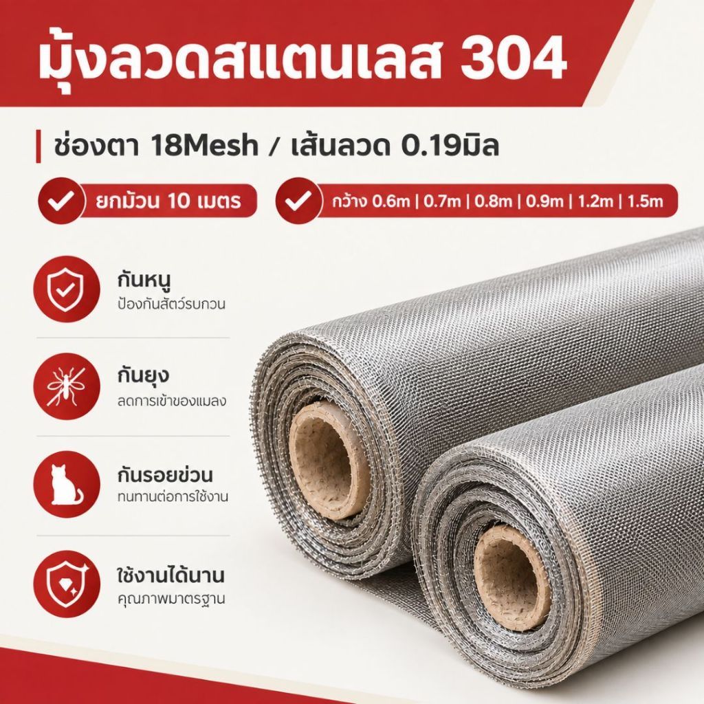 (ยาว10เมตร) มุ้งลวดสแตนเลส304 [ช่องตา18mesh / 20mesh]  มุ้งลวดกันยุง แมลง หนู แมลงสาบ mosquito net