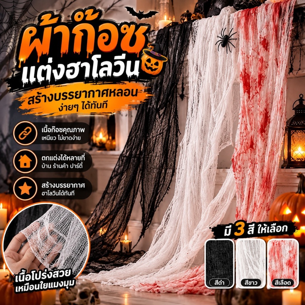 ผ้าตาข่ายตกแต่งฮาโลวีน 76x183 ซม. สไตล์เก่า สำหรับปาร์ตี้ บ้านผีสิง ตกแต่งบ้าน ฉากหลังถ่ายรูป และงานฮาโลวีน