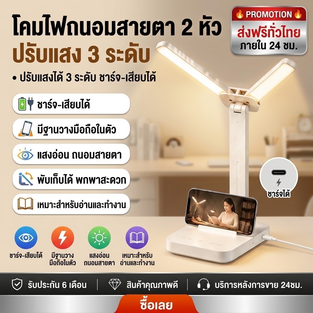 โคมไฟตั้งโต๊ะ LED ไฟ 3 สี หรี่แสงได้ 3 ระดับ ระบบสัมผัส ชาร์จ USB ถนอมสายตา เหมาะสำหรับโต๊ะทำงาน/หอพัก