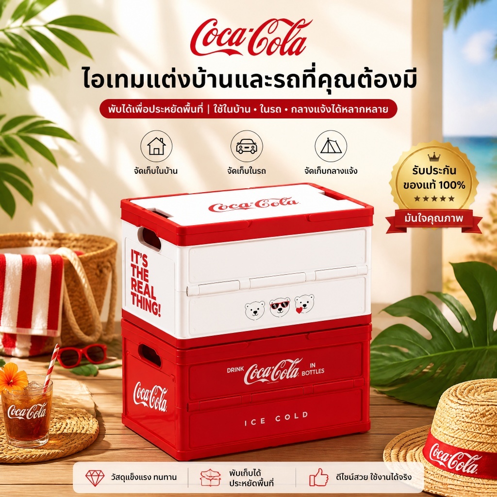 กล่องเก็บของพับได้ ลาย Coca-Cola โค้ก กล่องพลาสติกอเนกประสงค์ ใช้ในบ้าน ในรถ แคมป์ปิ้ง กล่องจัดระเบียบของใช้