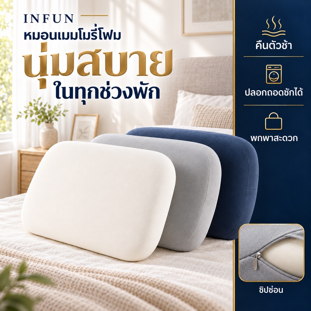 𝐈𝐍𝐅𝐔𝐍 หมอน หมอนเมมโมรี่โฟม หมอนยางพาราขนาดเล็ก รุ่น นุ่ม สบาย พับเก็บได้ น้ำหนักเบา พกพาสะดวก Nap Pillow ขนาด15″×10″×4″