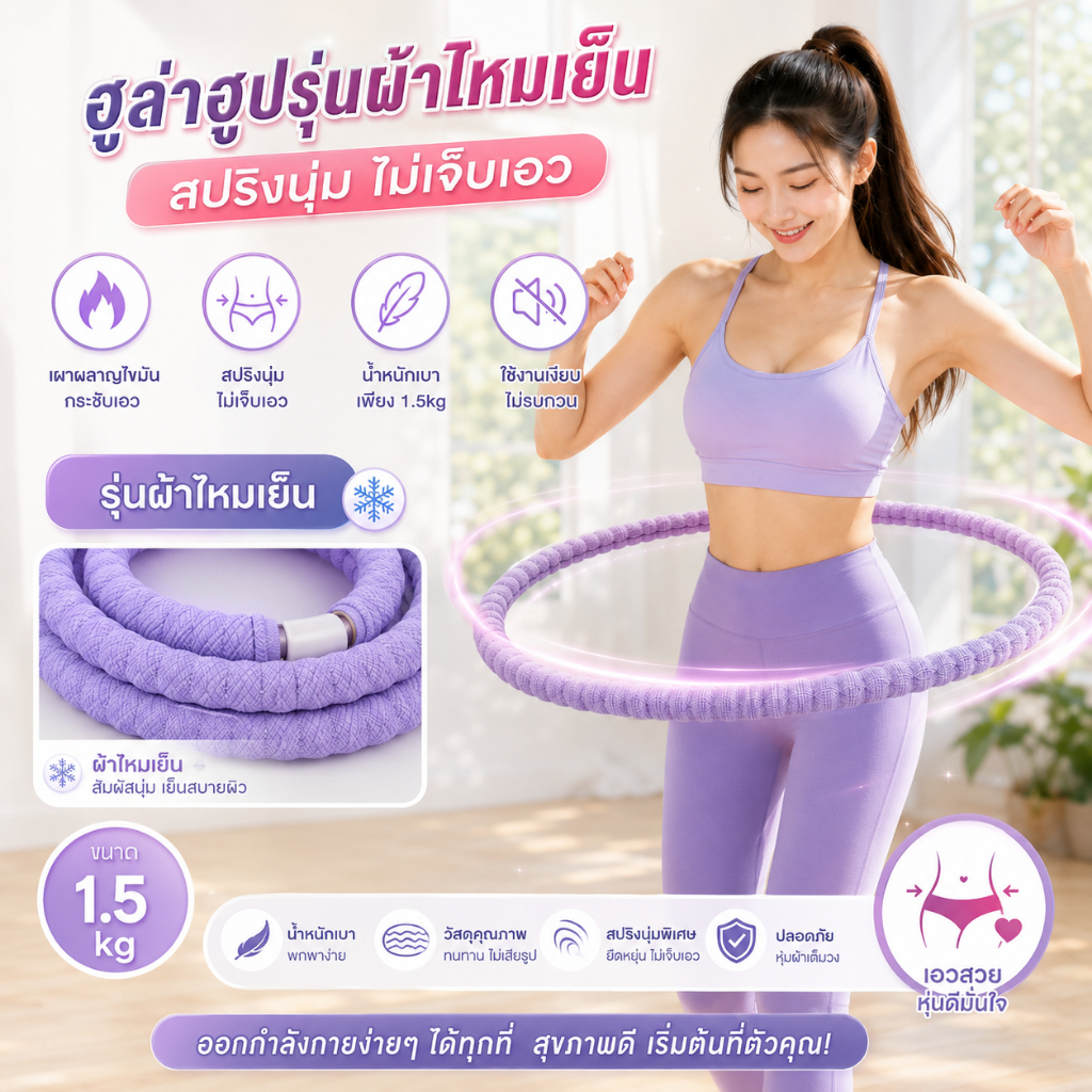 ฮูล่าฮูปสปริงนุ่ม รุ่นผ้าไหมเย็น น้ำหนักเบา ไม่เจ็บเอว ใช้งานเงียบ เผาผลาญไขมันและกระชับเอว E34