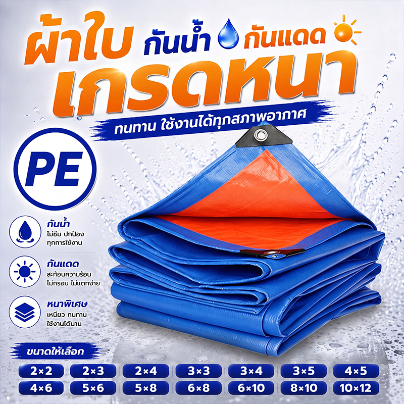 ผ้าใบกันฝน ผ้าใบกันแสงแดดและกันฝน ผ้ากันฝน วัสดุ PE คุณภาพสูง เคลือบกันน้ำ 2 ด้าน (มีรู) อเนกประสงค์ ขนาด 2x2 3x4