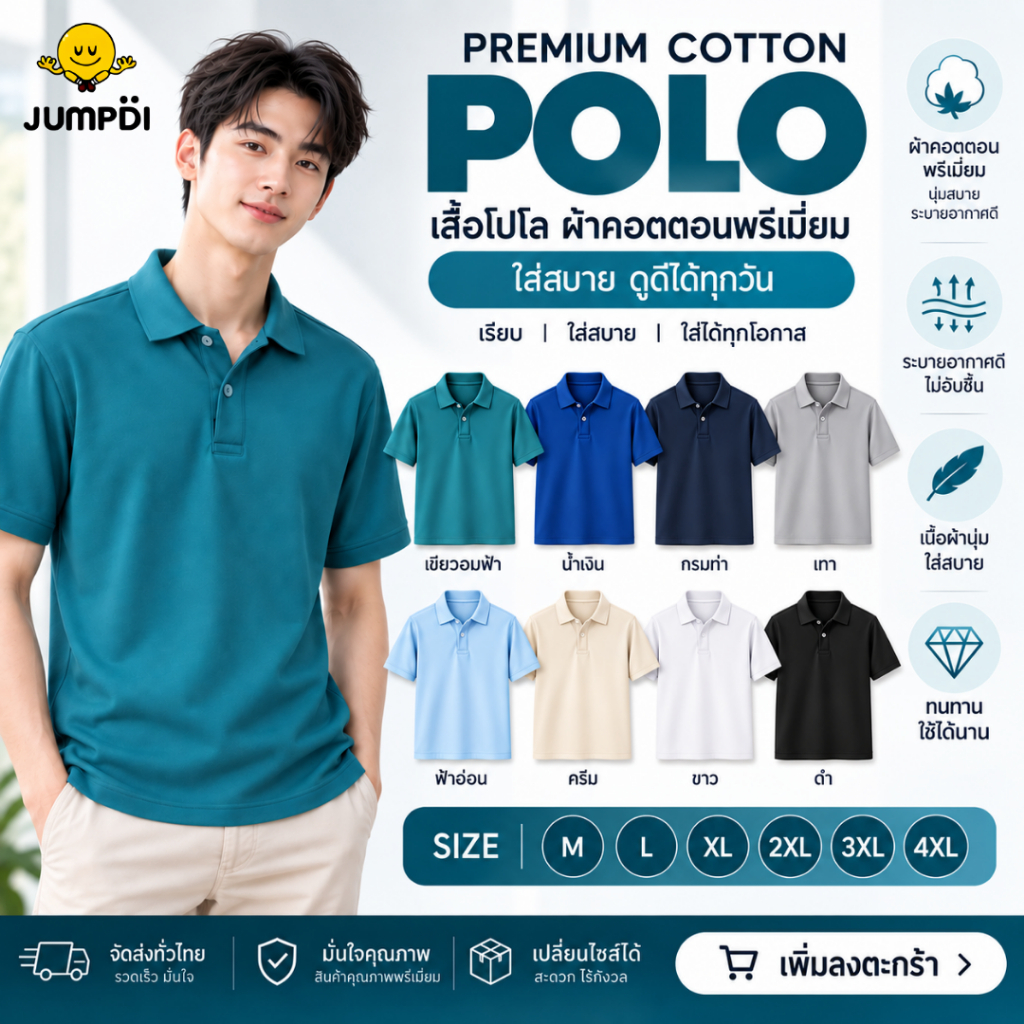 JUMPDI l เสื้อโปโลแขนสั้นผ้าฝ้าย M-4XL หลากหลายสีให้เลือก เหมาะสำหรับทั้งผู้ชายและผู้หญิง ใส่ได้หลายโอกาส MiiMode