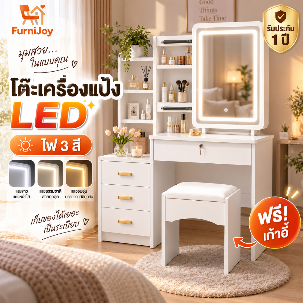 แถมเก้าอี้ฟรี! โต๊ะเครื่องแป้งหินแกรนิต กระจกLED บานเลื่อน จัดเต็มครบชุด