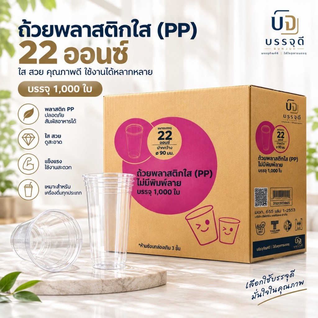 (ขายยกลัง) Eici EPPแก้ว PP ใส 22 oz ปาก 90 แก้วพลาสติกเนื้อหนา ไม่แตกง่าย สำหรับร้านกาแฟ ร้านชาไข่มุก 1000 ใบ