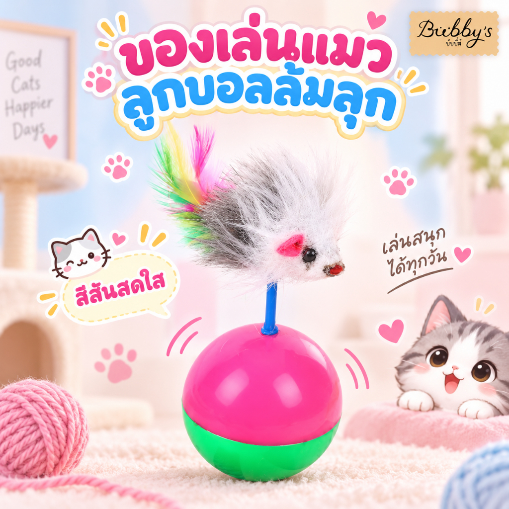 PP-117 Bubby's  ลูกบอลแมวล้มลุก พร้อมขนนก  สีสันสดใส ⭐️สินค้าพร้อมจัดส่ง⭐️ บับบี้ Bubby By pet project mall