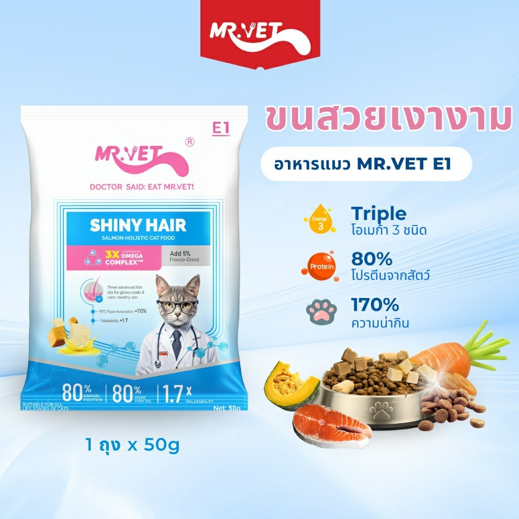 MR.Vet E1 อาหารแมวพรีเมียม 50g Triple Omega Complex™ เพื่อขนเงางาม สุขภาพผิวดี ด้วยปลาแซลมอนและไก่ โปรตีนสูง30%