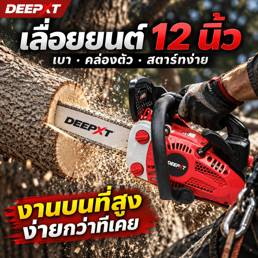 DEEPXT เลื่อยยนต์ 12 นิ้ว เลื่อยโซ่ยนต์เบนซิน 2 จังหวะ น้ำหนักเบา สตาร์ทง่าย เครื่องตัดไม้สำหรับตัดแต่งกิ่งและงานสวน