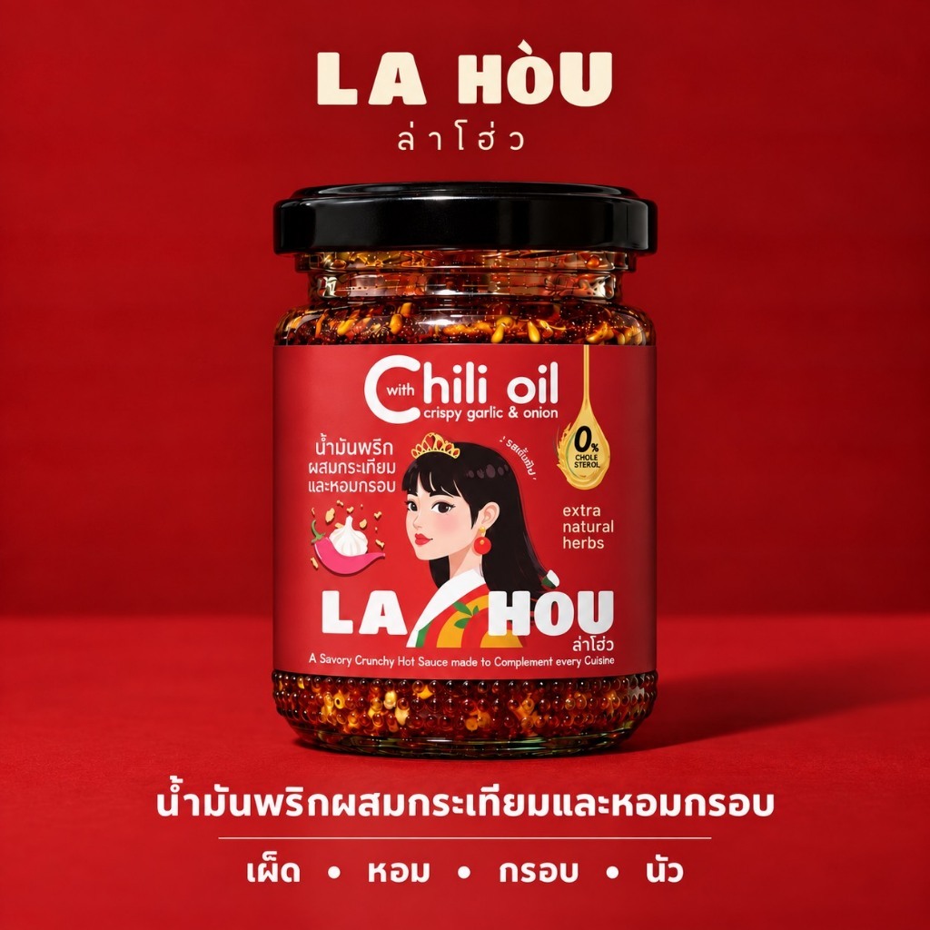 LA HÒU ล่าโฮ่ว น้ำมันพริก Chili Oil กระเทียมกรอบ หอมเจียวกรอบ ในน้ำมันสมุนไพร 110g | Crispy Garlic & Onion