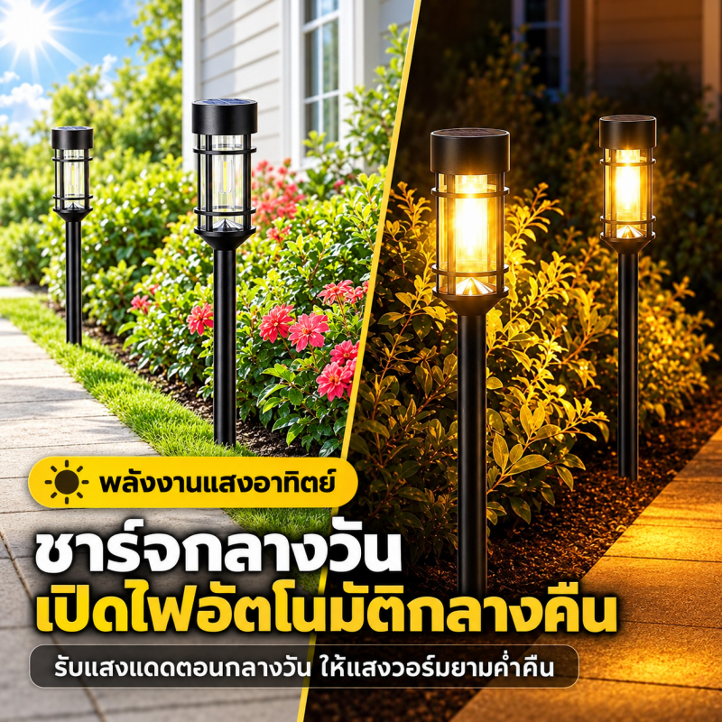 โคมไฟสนามโซลาร์เซลล์ LED แสงวอร์ม ตกแต่งสวน กันน้ำ ชาร์จพลังงานแสงอาทิตย์ อัตโนมัติ ใช้งานกลางแจ้ง