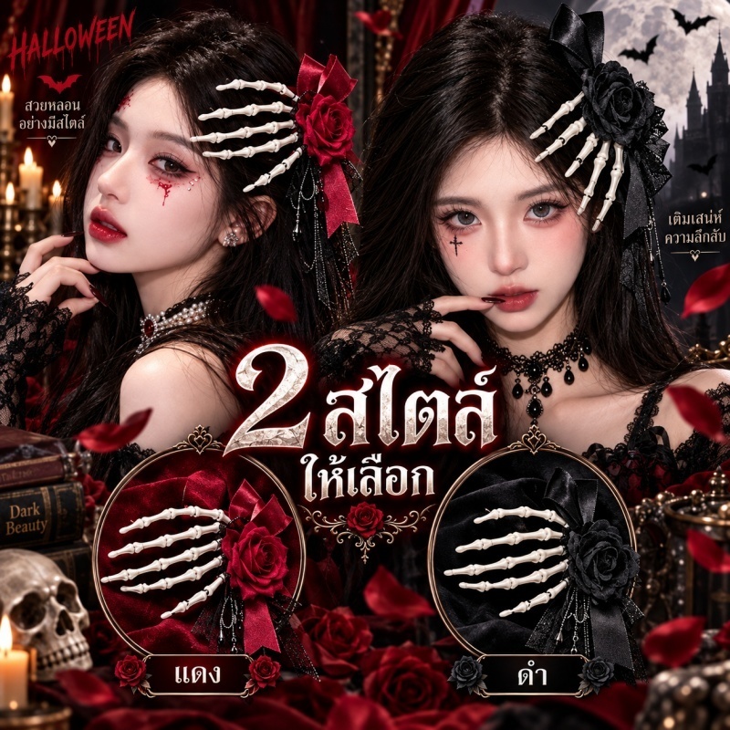 🚚ส่งไว กิ๊บติดผมฮาโลวีน Gothic ลายกุหลาบ กะโหลก แฟชั่นดาร์ก เพิ่มความโดดเด่น ทรงผม งานปาร์ตี้
