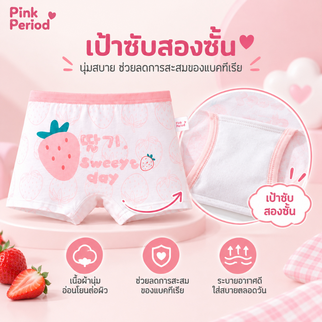 Pink Period กางเกงในเด็กผู้หญิง Cotton 100% เนื้อนุ่ม ไม่ระคายเคือง เอวยืดหยุ่น ใส่สบาย สำหรับเด็กผู้หญิง — صورة 6