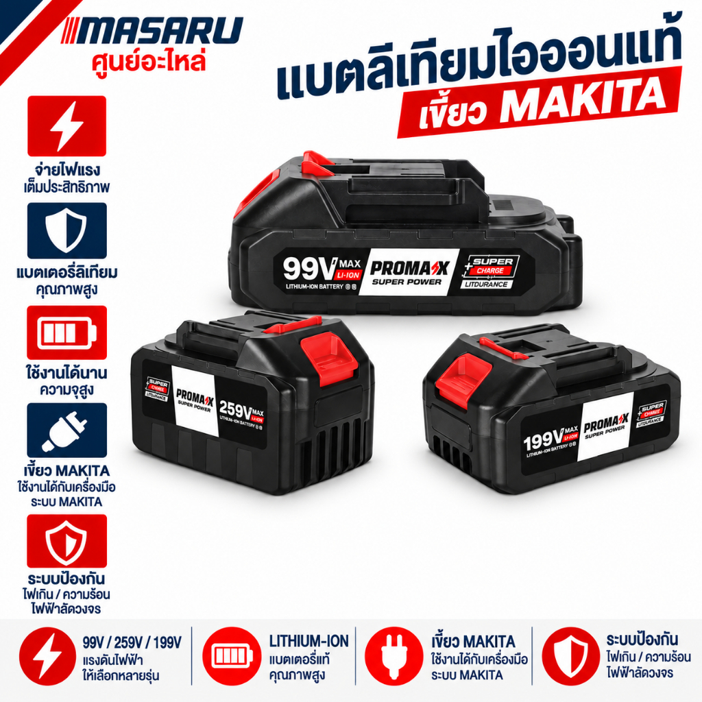 [อะไหล่เสริม] แบตเสริม  แบตลิเทียมไอออนแท้ เขี้ยว MAKITA 99v 199v 259v MASARU