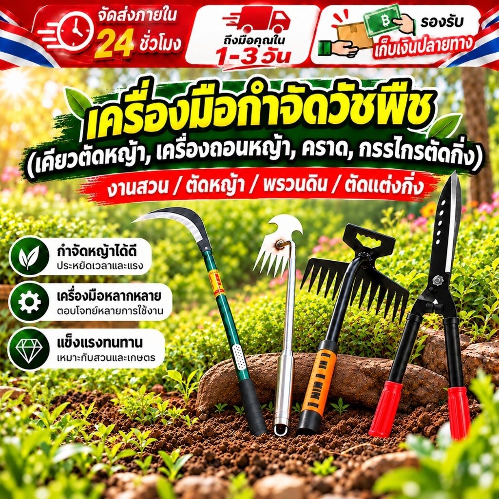 【ส่งด่วนจากไทย】COD เครื่องมือทำสวน กำจัดวัชพืช เคียวตัดหญ้า เครื่องถอนหญ้า คราดพรวนดิน กรรไกรตัดกิ่ง แข็งแรง ใช้งานง่าย