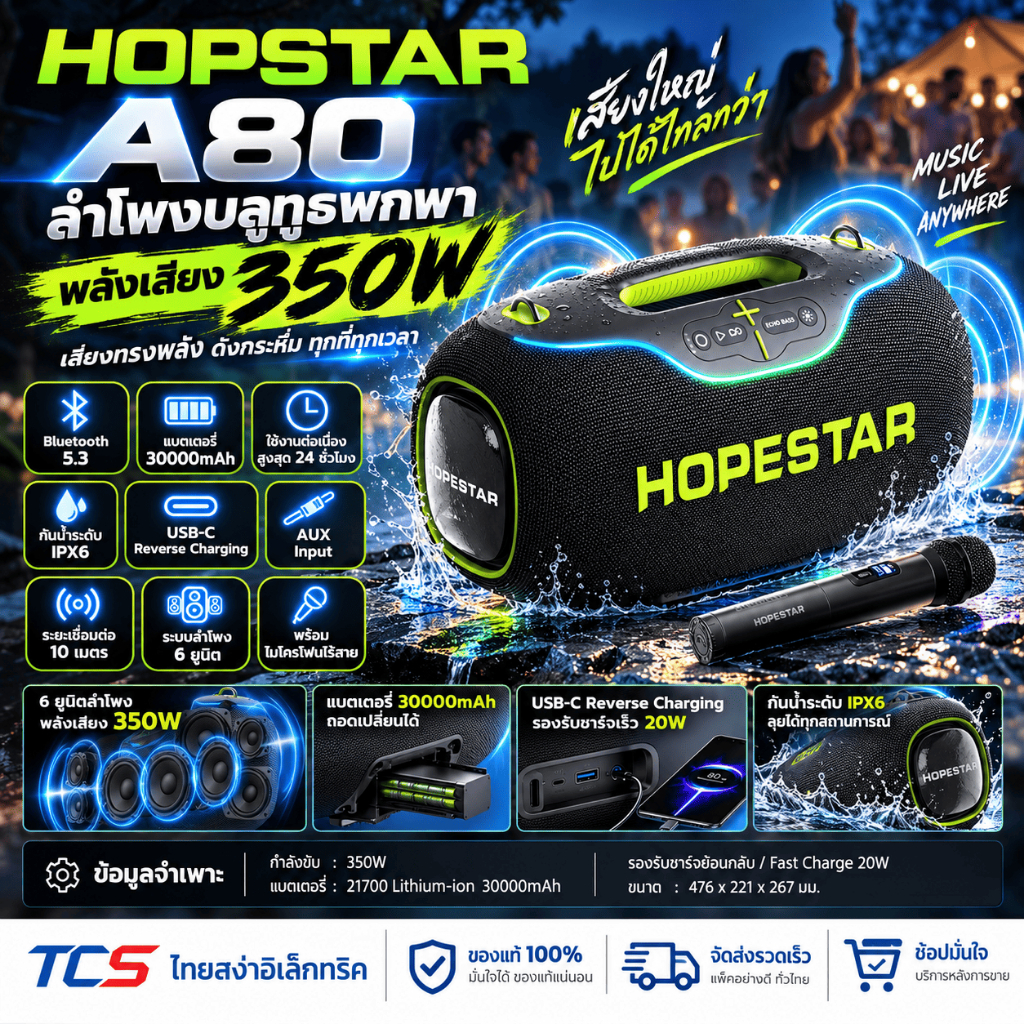 HOPESTAR A80 ลำโพงบลูทูธ 350W |ไมค์ลอย 1ตัว | กันน้ำ IPX6 | ปรับเบส 3 โหมด ของแท้ประกันศูนย์ไทย 1ปี