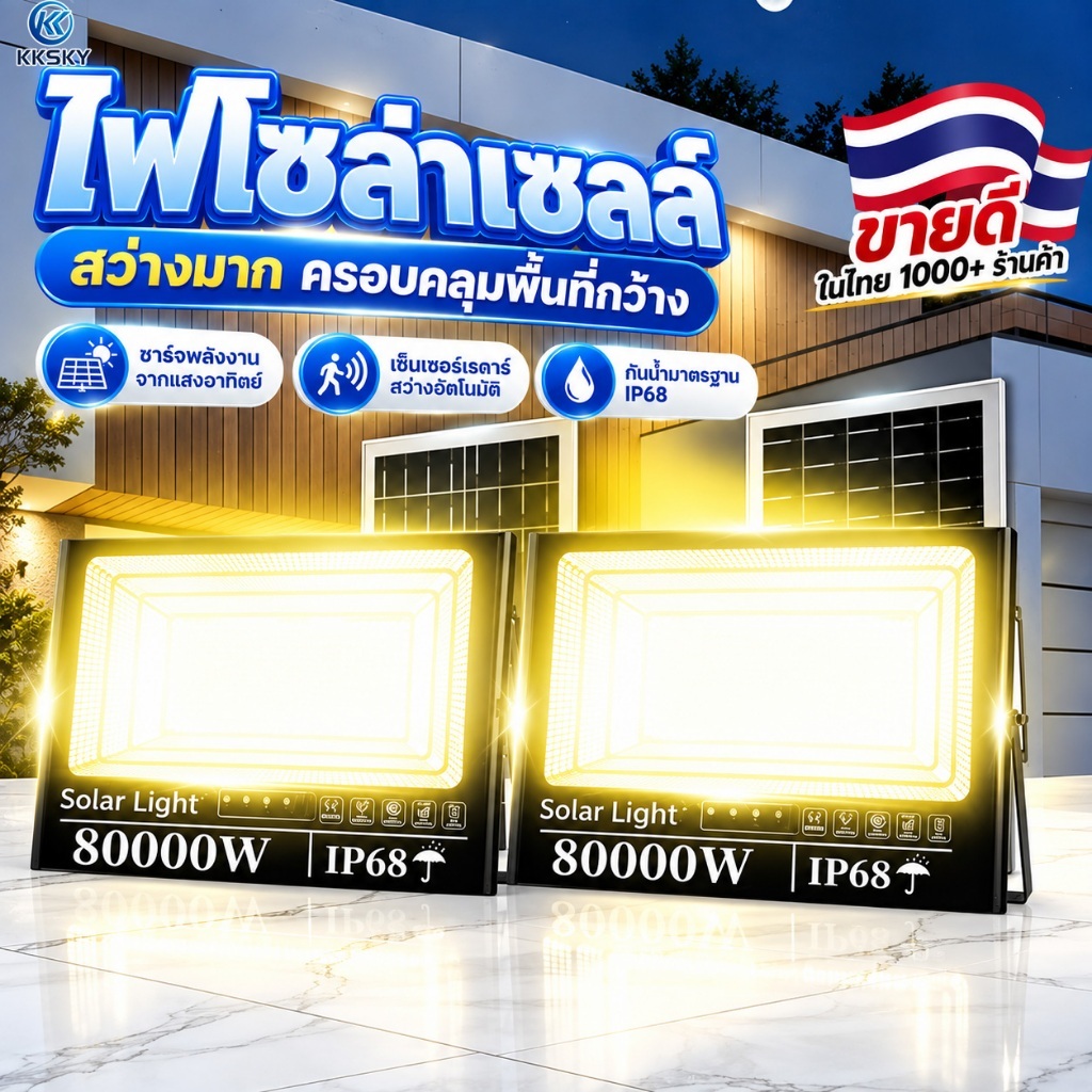KKSKY ซื้อ1แถม1 ไฟโซล่าเซลล์ 80000W Warm Light LED ไฟสปอร์ตไลท์ IP68 กันน้ำ กันฟ้าผ่า ไฟกลางแจ้งพลังงานแสงอาทิตย