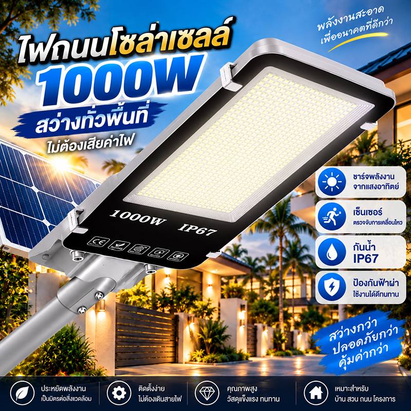 EEKOO ไฟถนนโซล่าเซลล์ 1000W ไฟพลังงานแสงอาทิตย์ IP67 เซ็นเซอร์อัตโนมัติ สว่างมาก กันน้ำ ประหยัดไฟ ติดตั้งง่าย