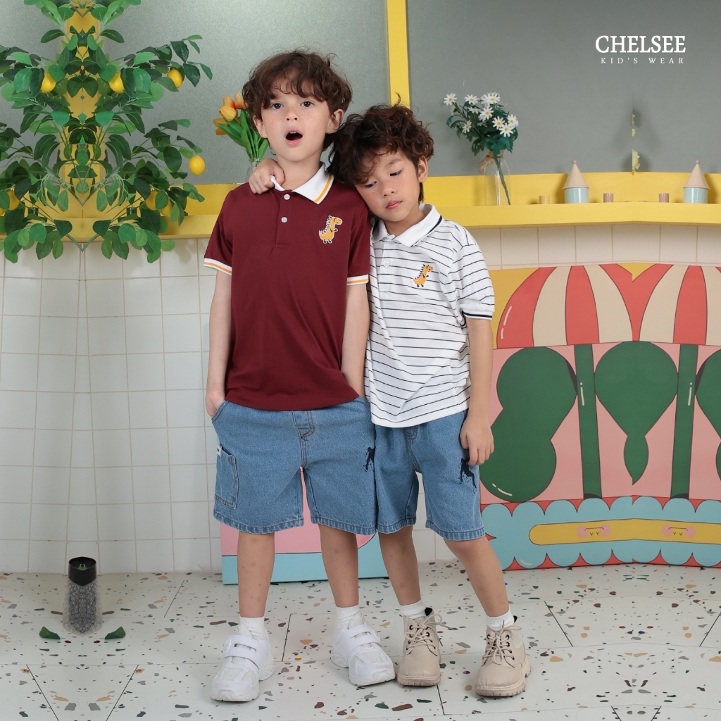 Chelsee قميص بولو أولاد قطن مقلّم بتطريز ديناصور — صورة 7