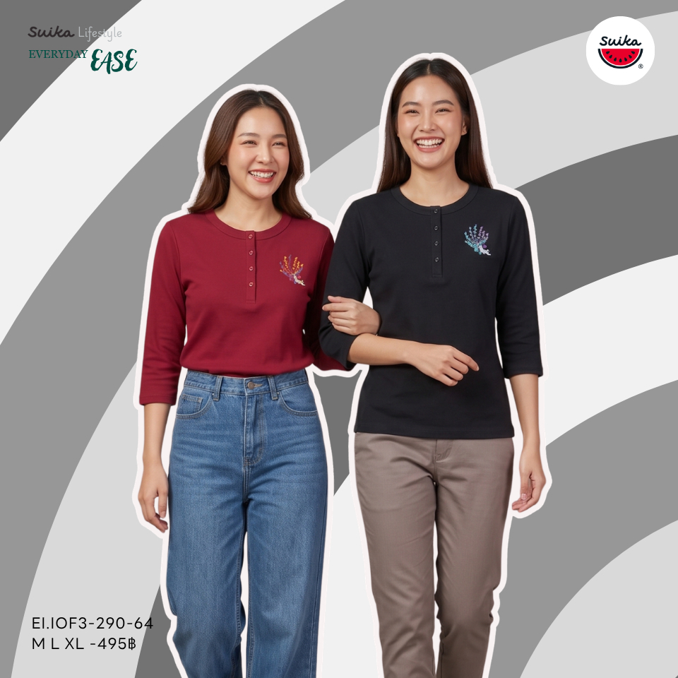 เสื้อแตงโม (SUIKA) - เสื้อยืดคอกลมเจาะสาบกระดุม 4 เม็ด แขนสามส่วน (EI.IOF3-290) — صورة 2