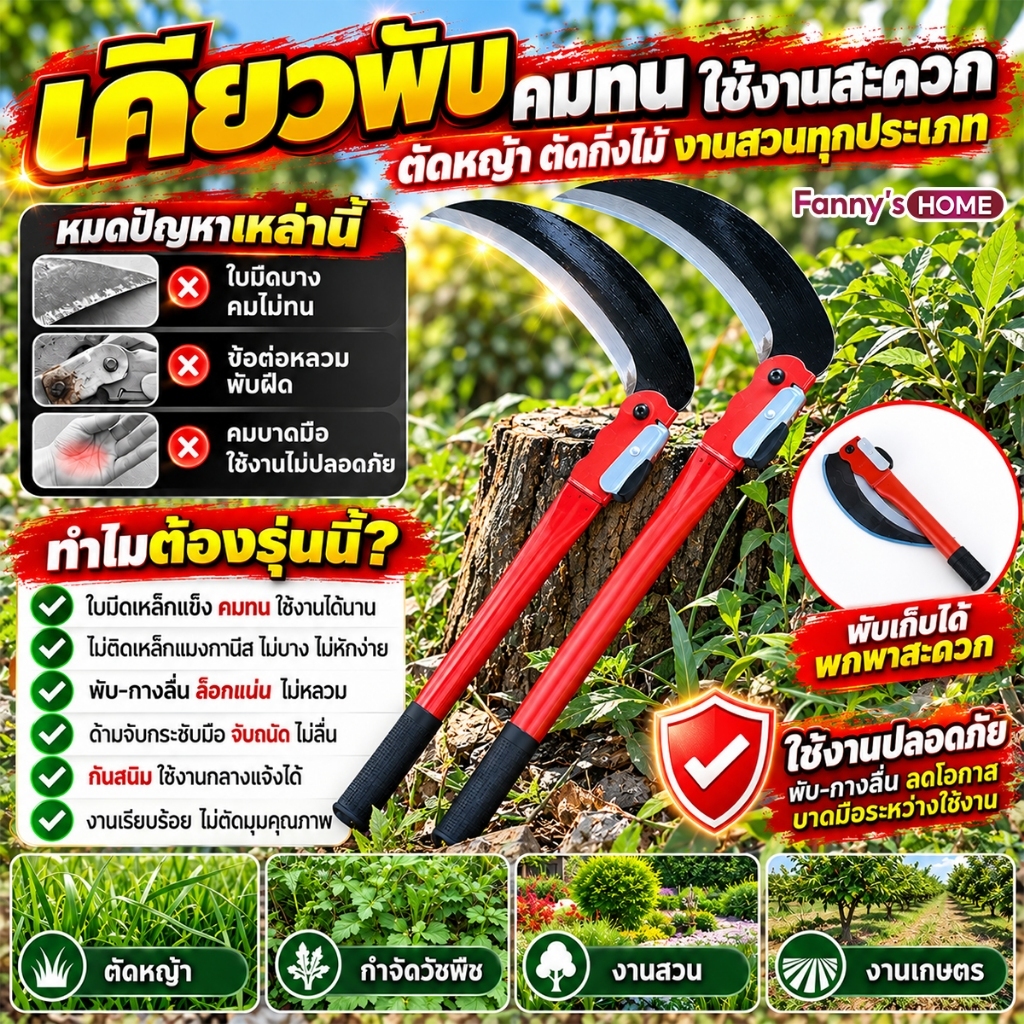 เคียวพับได้ ใบมีดเหล็กแมงกานีส คมทน แข็งแรง ข้อต่อแน่น พับลื่น ล็อกมั่นคง ด้ามกันลื่น ลดเสี่ยงบาดมือ ตัดหญ้า กำจัดวัชพืช