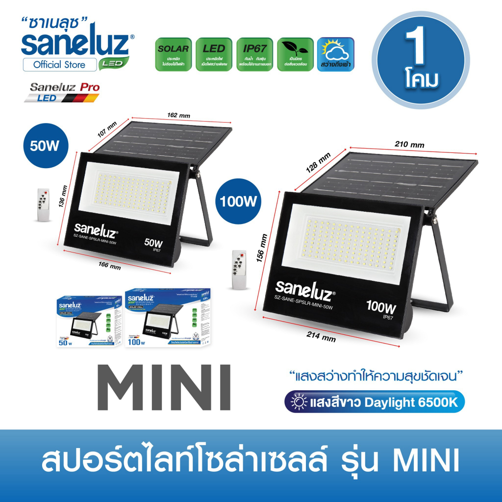 สปอร์ตไลท์โซล่าเซลล์ ขนาด 50W 100W รุ่น MINI ให้แสงสว่างชัด ทนแดด ทนฝน ใช้งานได้นาน เปิด-ปิด อัตโนมัติ