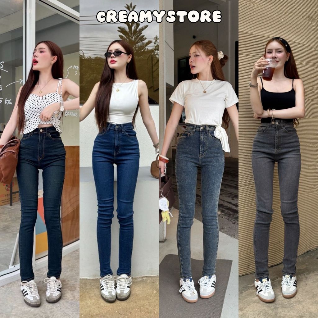CreamyStore กางเกงยีนส์ขาเดฟสลิมเอวสูงปรี๊ด ผ้ายืด ป้ายyam jeans Skinny Jeans