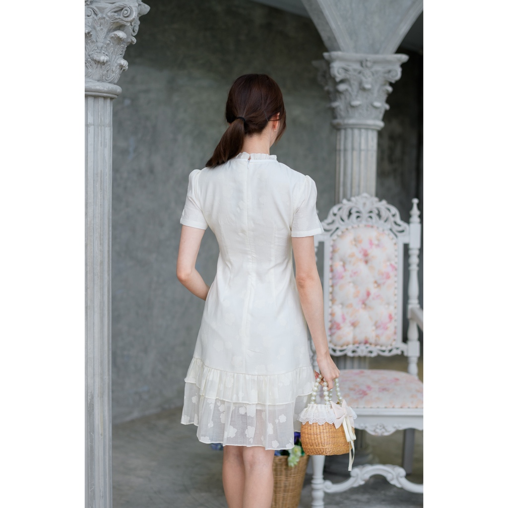 P196ชุดเดรสคอจับจีบแต่งโบว์ประโปรงชั้น/ ทรงเข้ารูปเอว/ เนื้อผ้าสวยๆ ซับในเนื้อหนาไม่บาง - รูปที่ 5