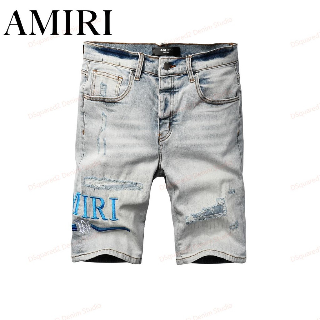 Amiri กางเกงขาสั้นยีนส์ปักลายตัวอักษรสำหรับผู้ชายแบบใหม่ กางเกงขาสั้นขาดๆ สไตล์เรโทร 6012