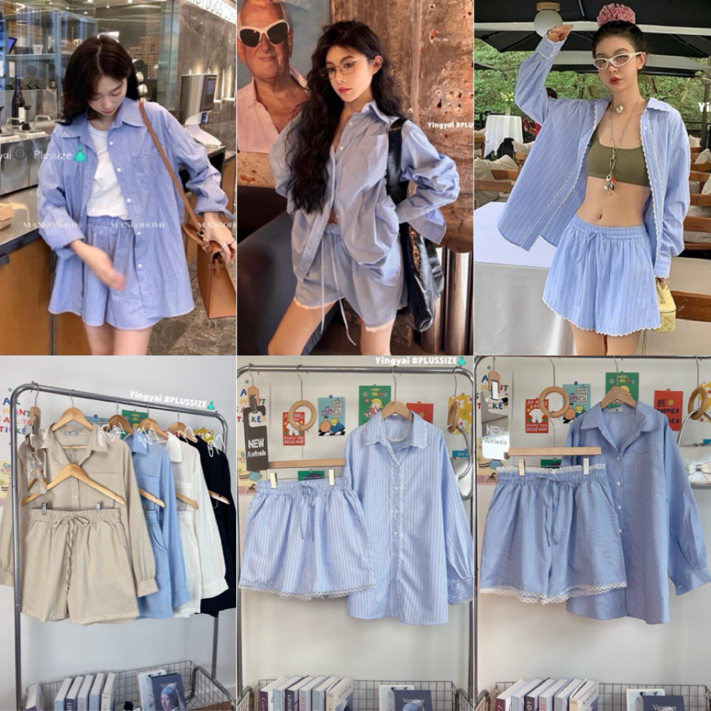 ชุดเซ็ต 2ชิ้น เสื้อเชิ้ตแขนยาว+กางเกงขาสั้นเอวสม็อค ไซส์ใหญ่ สาวอวบ YY