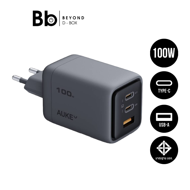 อะแดปเตอร์ AUKEY Wall USB Charger 1 USB-A / 2 USB-C PD100 วัตต์ GaN Gray by BB Beyond D-Box