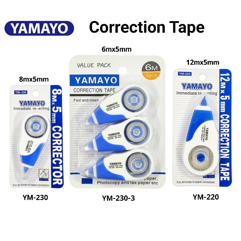 YAMAYO เทปลบคำผิด ขนาด 12mx5mm (YM-220), 8mx5mm (YM-230), 6mx5mm (YM-230-3) NON-TOXIC (ราคาต่อ 1 แพ็