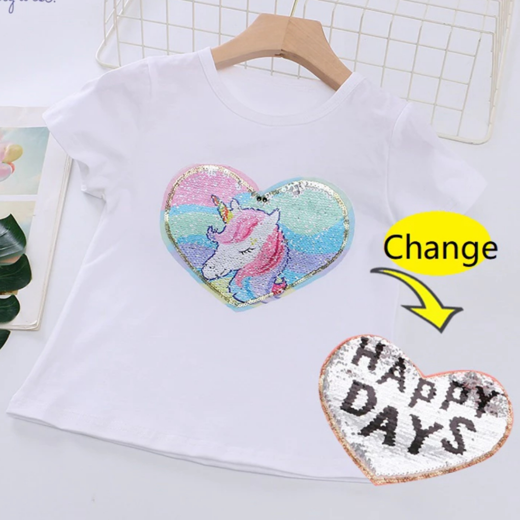 เสื้อยืดเด็ก เสื้อยืดลำลอง แขนสั้น ปักเลื่อม ลายการ์ตูน