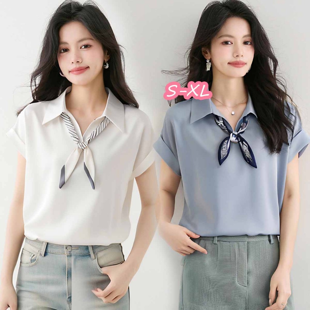 STYLE#เสื้อเชิ้ตผ้าซาตินพรีเมี่ยมแขนสั้น สไตล์ทำงานเรียบหรูดูแพง ผ้าซาติน ลำลอง สินค้ายอดนิยม รุ่น99159