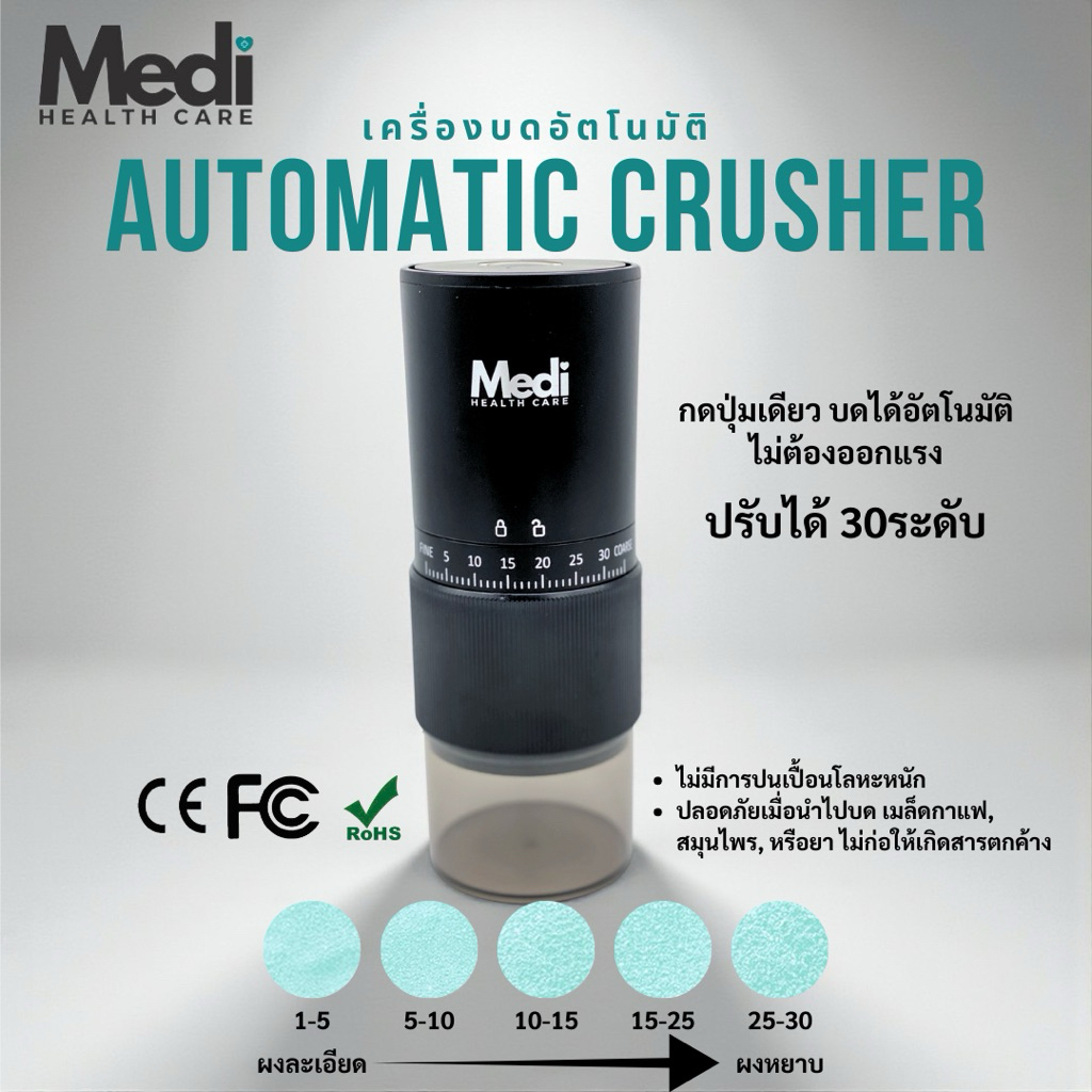 Medi ที่บดยาอัตโนมัติ ปรับความละเอียดได้ 30 ระดับ ใช้ง่ายในปุ่มเดียว บดได้ทั้งกาแฟ สมุนไพร ยา อาหาร