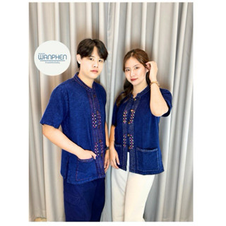 เสื้อหม้อห้อมฟอกแขนสั้น ปักลายดอกเล็ก (คละสีด้ายปัก) หม้อห้อ…