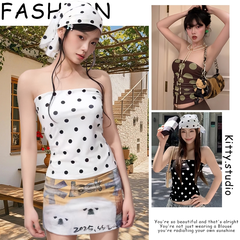 Kitty พร้อมส่ง เสื้อกล้ามผู้หญิง เกาะอกลายจุด เสื้อครอป ทรงรัดรูป สไตล์อเมริกัน Polkadot แขนกุด ดีไซน์เก๋ไก้และเซ็กซี่ – โปรปัง
