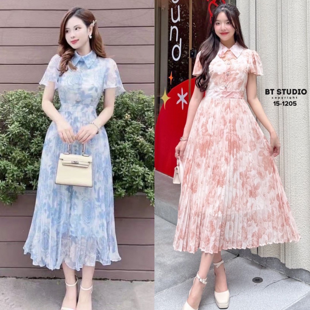 S-XXL ชุดเดรสยาวชีฟองอัดพลีท พิมพ์ลายดอกไม้สีฟ้า/ชมพูโอรส ใส่ไปงานแต่งงานบวช ไปทะเล ไปคาเฟ่ #Btstudio (1162)