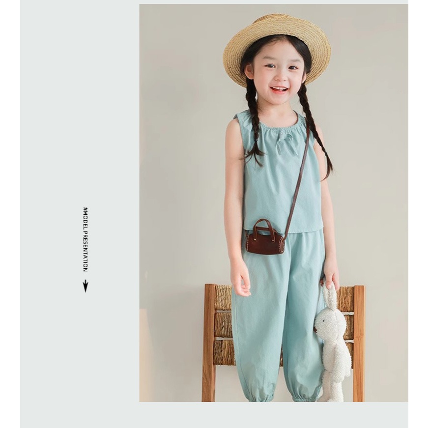 ชุดเด็กผู้หญิง ชุดเสื้อแขนกุด+กางเกงขายาว ขาจั๊ม สีพื้นๆ สไตล์น่ารัก ทรงหลวม - รูปที่ 7