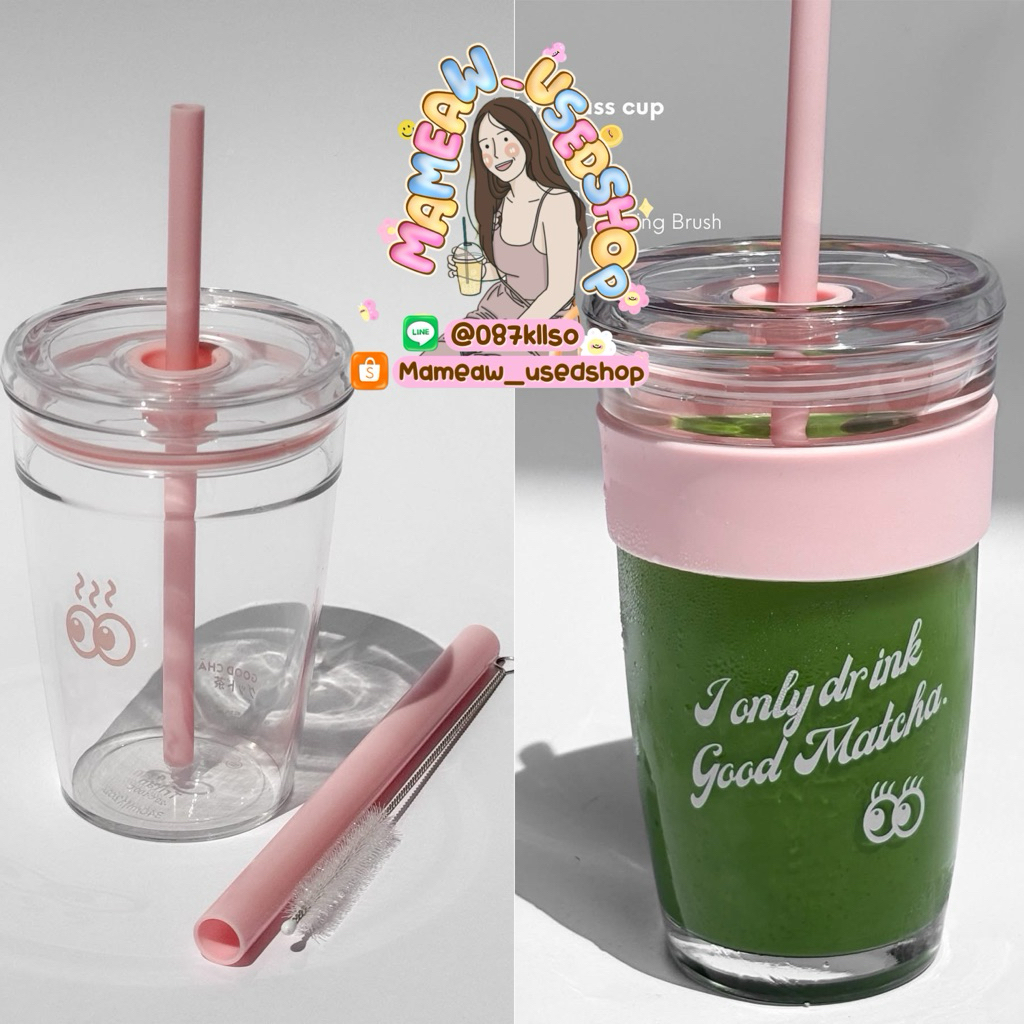 🍸🍵New in Pack GOOD CHĀ - Tritan Baby Tumbler and Hot n' Cold glass cup แก้วใส มาพร้อมหลอด 2 ขนาด สีชมพูอ่อน🍶🌸