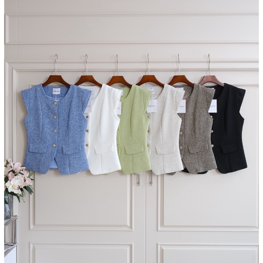 CreamyStore เสื้อแขนกุดไหล่ล้ำผ้าทวีต กระดุมสีทอง งานป้ายPrisana