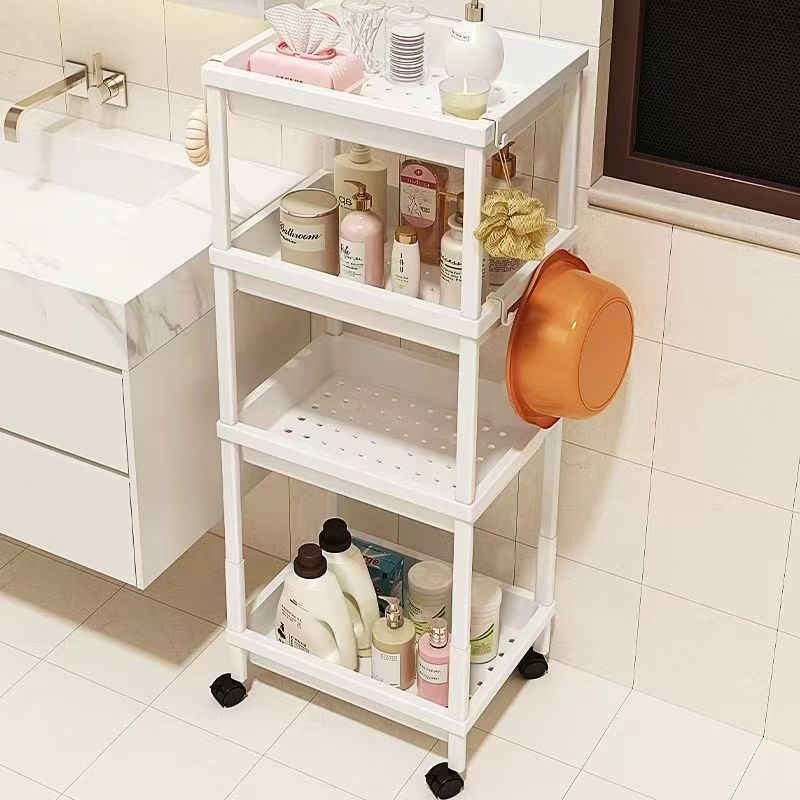 Kaman ชั้นวางของในห้องน้ำ กันน้ำ กันชื้น สีขาว PP คุณภาพดี มีล้อ/ไม่มีล้อ 2-4 ชั้น สูง 39-102ซม. พร้อมตะขอ