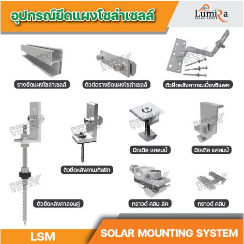 Lumira อุปกรณตัวยึดแผงโซล่าร์เซลล์  Solar Mounting อุปกรณ์ติดตั้งแผงโซล่า อลูมิเนียม มาตราฐาน T5