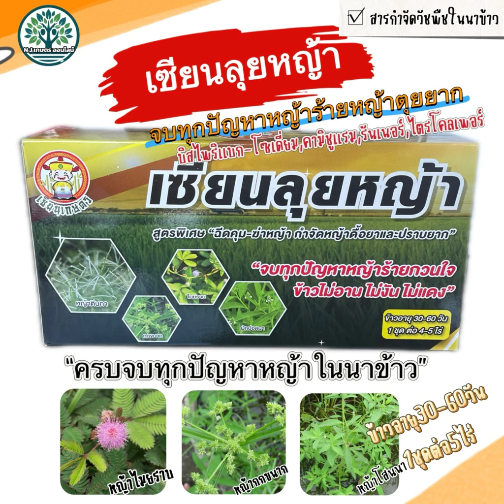 เซียนลุยหญ้า(สารกำจัดวัชพืชในนาข้าว)หญ้าเเก่ กก 1ชุดประกอบด้วย สารบิสไพริแบกกโซเดียม,สารคามิซูเเรม,รันเนอร์,ไตรโคลเพอร์