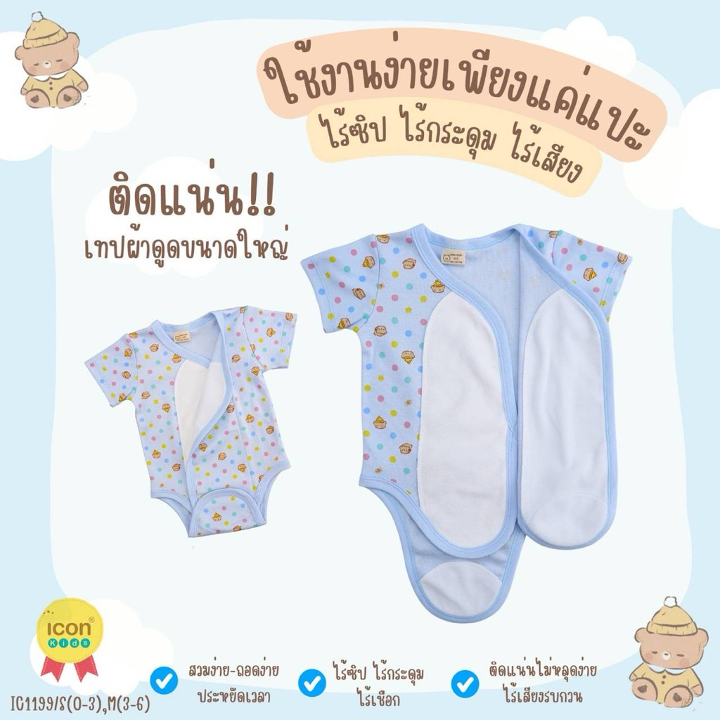 บอดี้สูทเด็กผ้าแปะ ชุดเด็กผ้าดูด ไน้ซิป ไร้กระดุม ผ้าคอตตอนนุ่ม